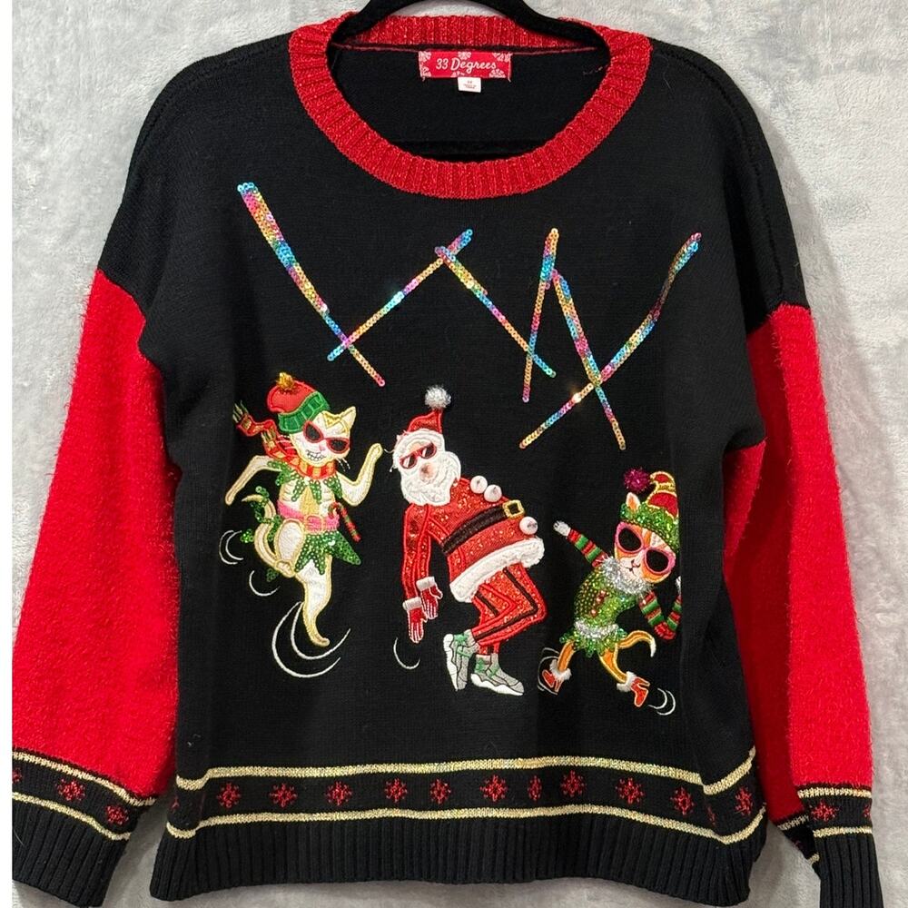 33 Degrees Ugly Christmas Sweater Dancing Santa Cats Fuzzy Bling Women's Size 1X